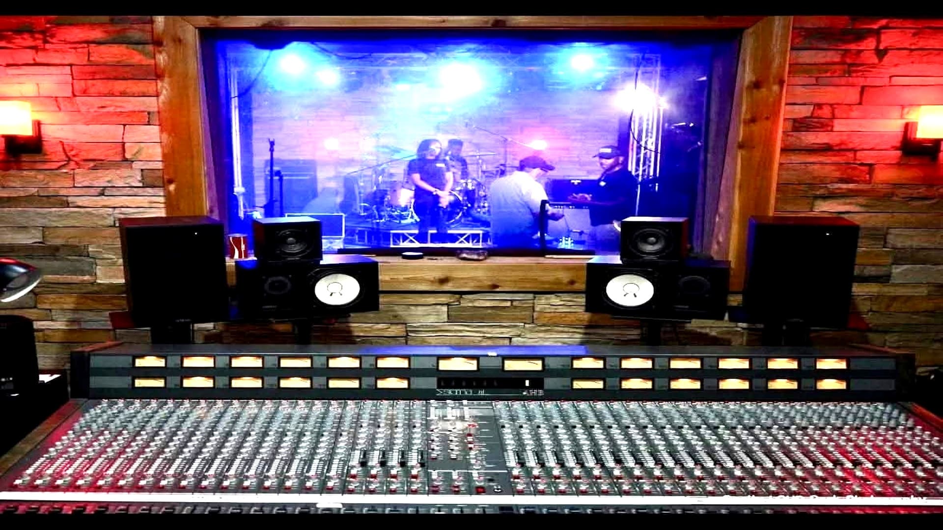 AHB 44-Channel Vintage British Control Room Console with Stone Wall Acoustic Treatment & Side Red Lights